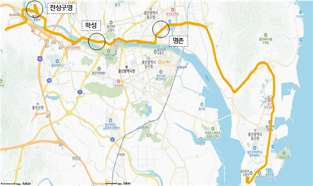 A route map for city bus No. 123, which will be restored with five additional vehicles to serve the Cheongsang and Guyeong to Dong-gu Bangeojin corridor. [Provided by Ulsan city government]