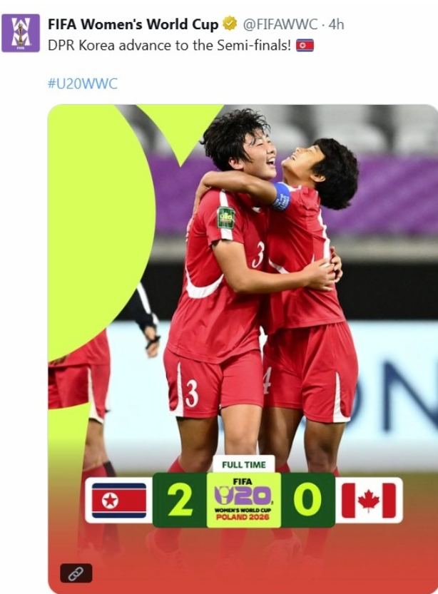 FIFA announces North Korea’s victory over Canada on social media.   (FIFA’s social media account)