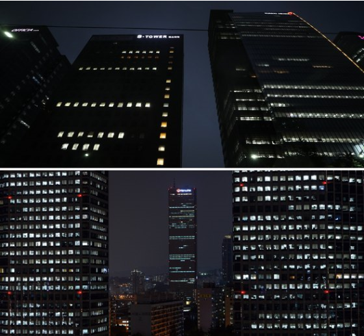 Office lights burn late into the night at buildings in Pangyo Technovalley in Seongnam, Gyeonggi Province. The area, home to a concentration of IT and gaming companies, is nicknamed "the squid boat of Pangyo" in the industry for its lights that never seem to go out. [The Herald Business DB]