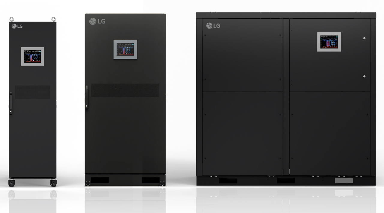 From left: LG Electronics’ 600-kilowatt, 1-megawatt and 2.5-megawatt coolant distribution units for liquid cooling. (LG Electronics)