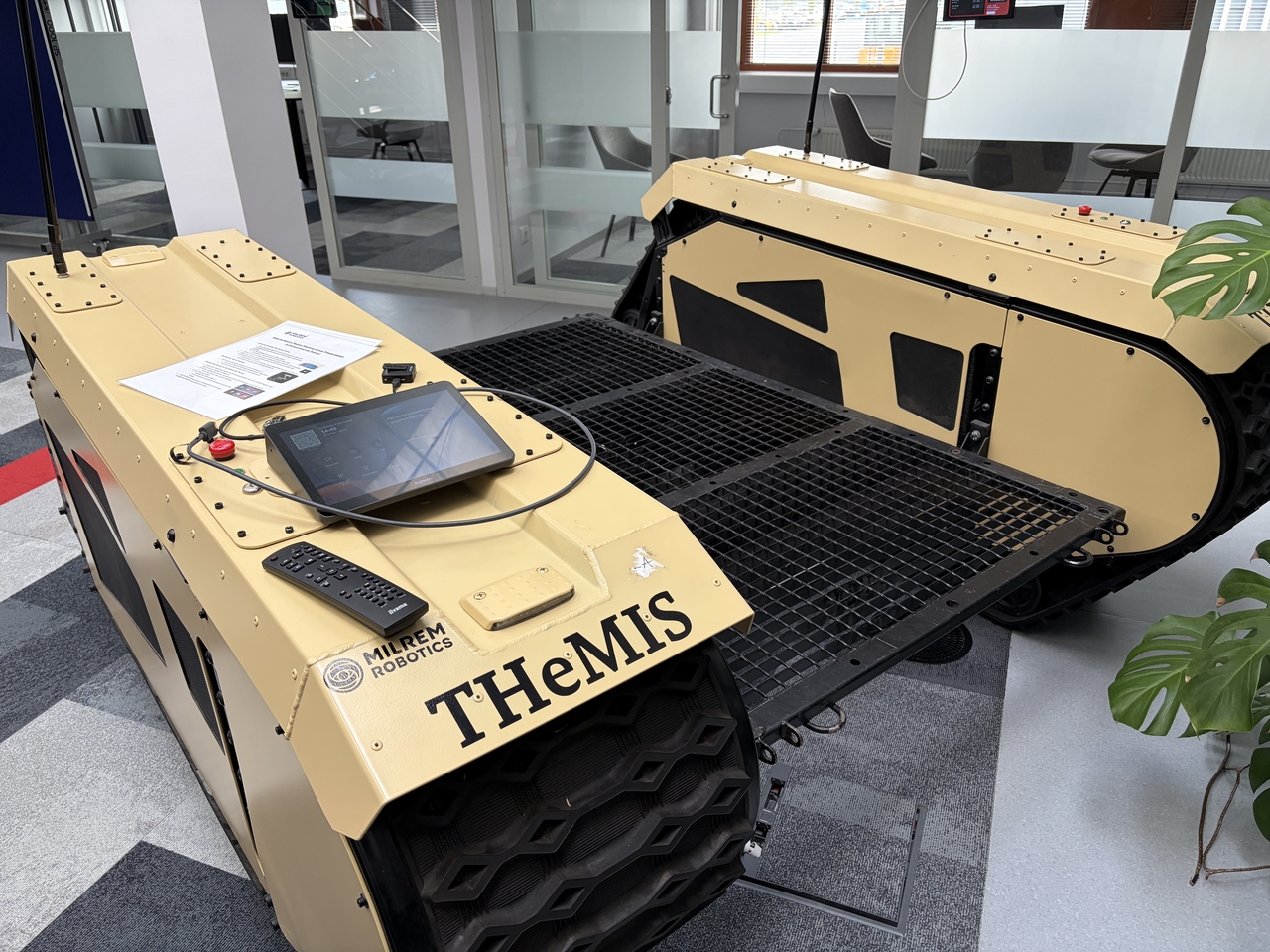 A THeMIS unmanned ground vehicle without a weapon system is displayed at Milrem Robotics’ headquarters in Tallinn, Estonia. (Joint Press Corps)