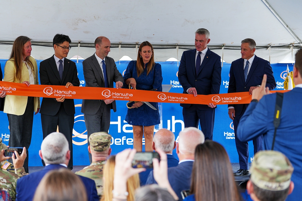 A ribbon-cutting ceremony is held for Hanwha Defense USA’s new office at Pine Bluff Arsenal in Arkansas on Tuesday. (Hanwha Aerospace)