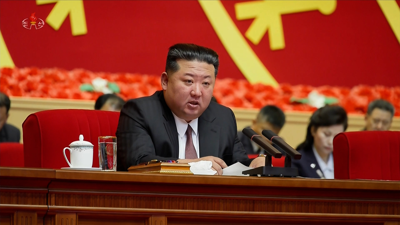 North Korean leader Kim Jong-un delivers an opening address at the Workers' Party of Korea's third workshop for officials in the information sector in Pyongyang on Friday. (KCAN-Yonhap)