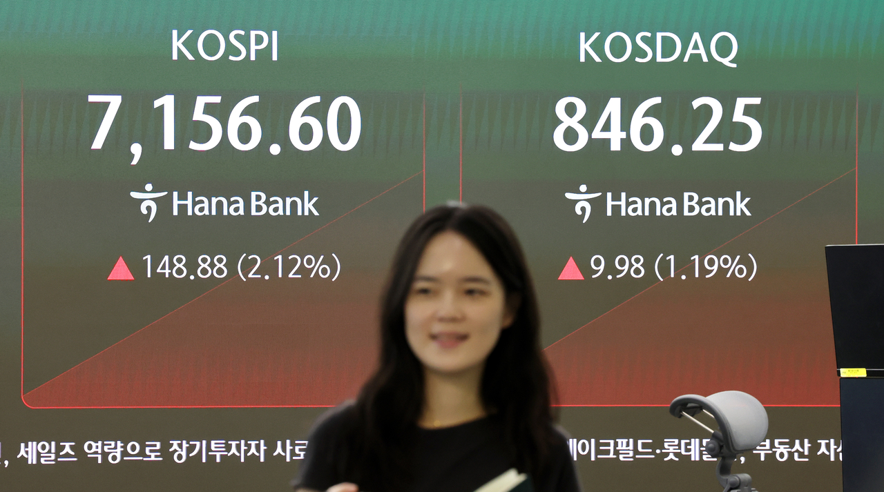 An electronic board showing the Korea Composite Stock Price Index at a dealing room of the Hana Bank headquarters in Seoul on Tuesday. (Yonhap)
