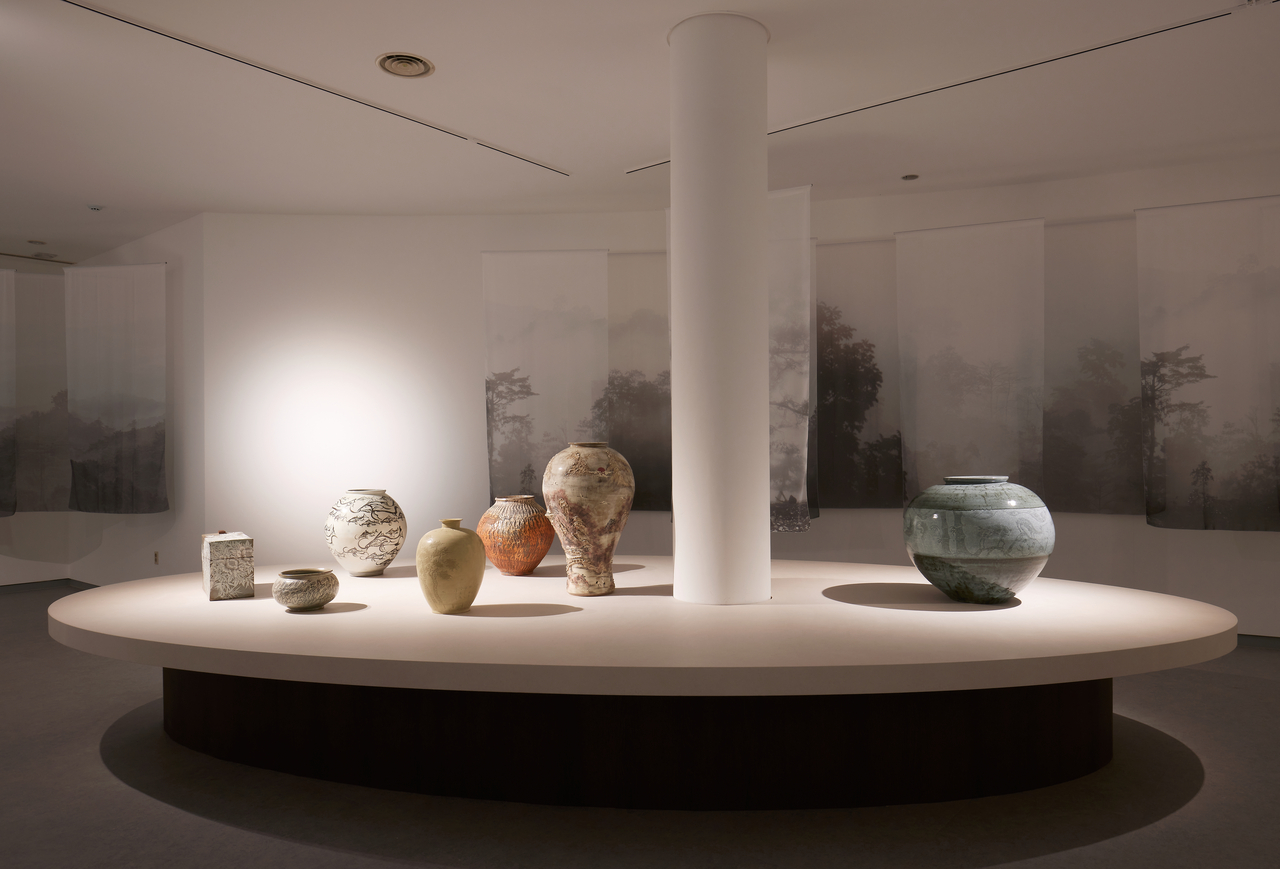 Buncheong jars are displayed at the "Living Legacy: Masters of Korean Ceramics Today" exhibit at the Gyeonggi Ceramic Museum in Gwangju. (Gyeongi Ceramics Biennale 2026)