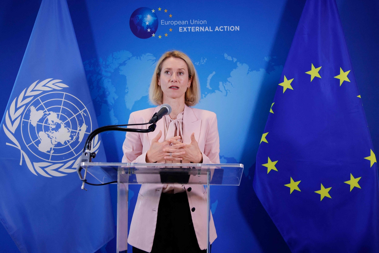 European Commission Vice President Kaja Kallas speaks during a news conference ahead of the United Nations General Assembly in New York on Monday. (AFP-Yonhap)