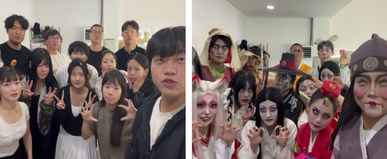 A screenshot from a video showing character performers at the Korean Folk Village before and after putting on their makeup and costumes, posted on the village’s official Instagram account (Korean Folk Village’s Instagram)
