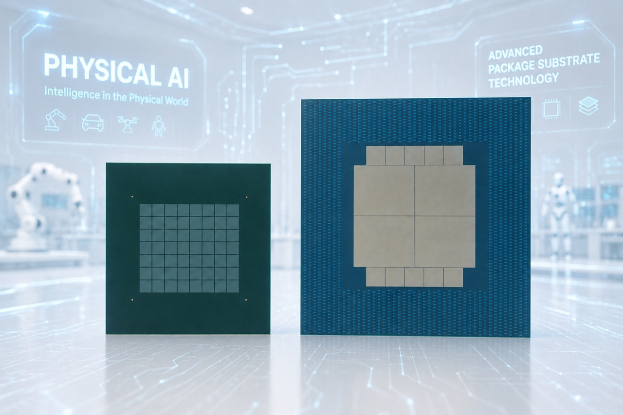 LG Innotek’s large-area FC-BGA substrate for AI accelerators (right) and PC FC-BGA sample showcased at KPCA Show 2026 in Incheon earlier this month. (LG Innotek)