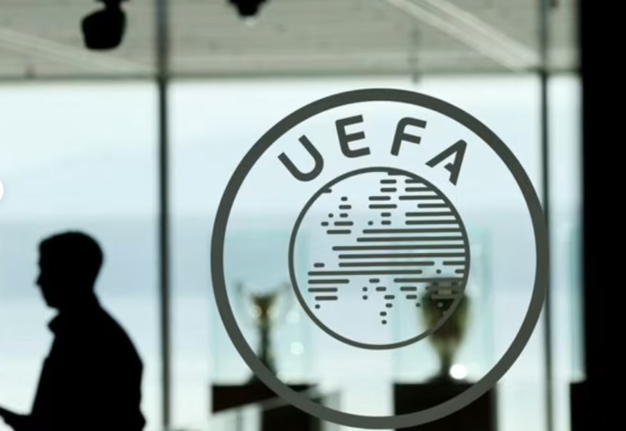 The UEFA logo is visible during the Euro2028 & Euro2032 Hosts Announcement ceremony at the UEFA headquarters in Nyon, Switzerland, Oct. 10, 2023.   (Reuters-Yonhap)