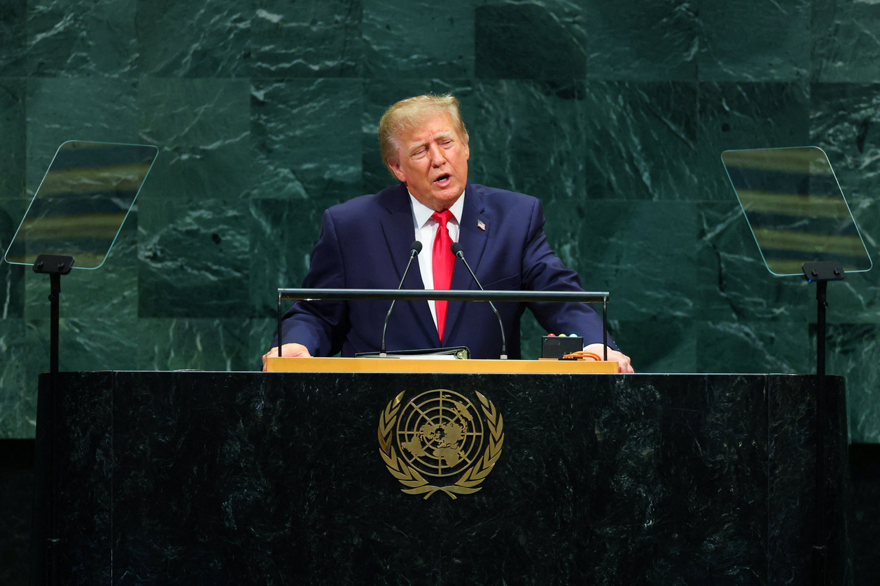 US President Donald Trump addresses the 81st UN General Assembly at UN headquarters in New York on Tuesday. (Reuters-Yonhap)