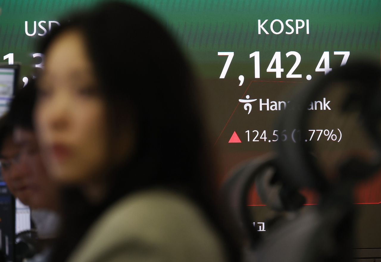 The Kospi is displayed in real time on an electronic board at Hana Bank's headquarters dealing room in Jung-gu, Seoul, on Wednesday. [Yonhap]