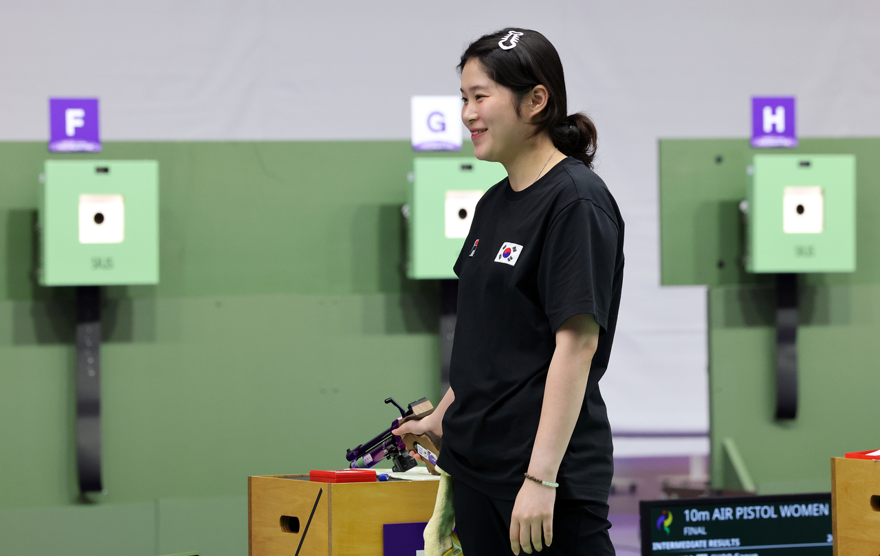 South Korea’s Choo Ga-eun rests after taking a shot during the women’s 10-meter air pistol final at the 2026 Aichi-Nagoya Asian Games in Aichi, Japan, on Wednesday. (Yonhap)