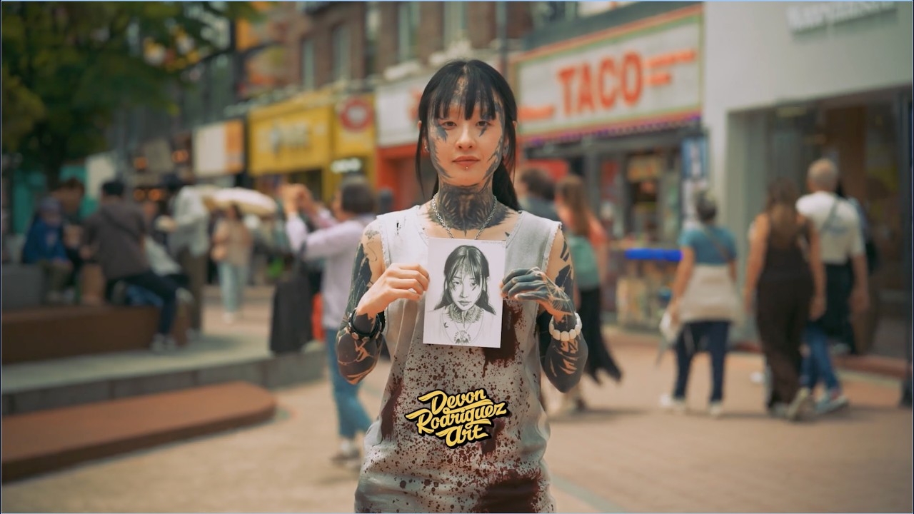 Kim Ka-jin holds up a portrait of herself drawn by Rodriguez. (@devonrodriguezart1, YouTube)