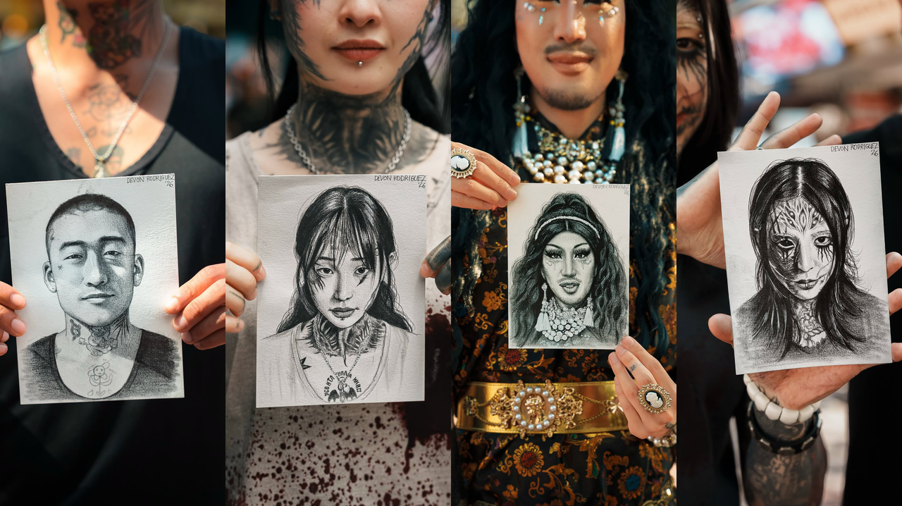 From left: Snook, Kim, Hurricane Kimchi and Choi hold up their portraits by Rodriguez. (@devonrodriguezart, Instagram)