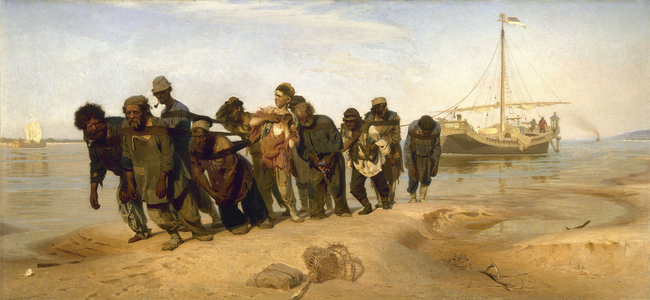 일리야 레핀, 볼가강에서 바지선을 운반하는 사람들, 1870, 캔버스에 유채, 131.5x281cm, 러시아 미술관. 이동파 그림으로 분류할 수 있는 작품. [lj.rossia.org, Public Domain, commons.wikimedia.org]