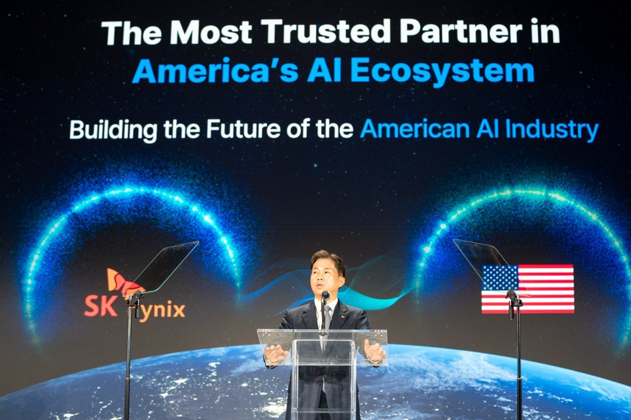 SK hynix CEO Kwak Noh-jung speaks at the groundbreaking ceremony for the company’s advanced HBM packaging facility in West Lafayette, Indiana, on Aug. 27, where SK hynix plans to begin producing “Made in USA” HBM from the second half of 2029. (SK hynix)