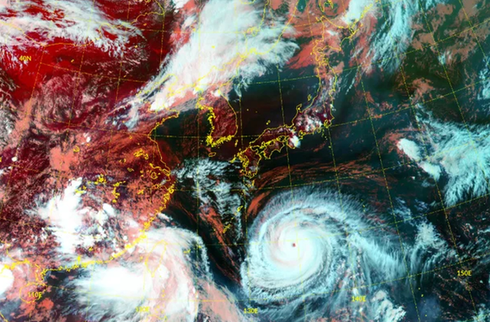 A satellite image released by the Korea Meteorological Administration in August shows typhoons near the Korean Peninsula being steered away by a high-pressure system. (Korea Meteorological Administration)