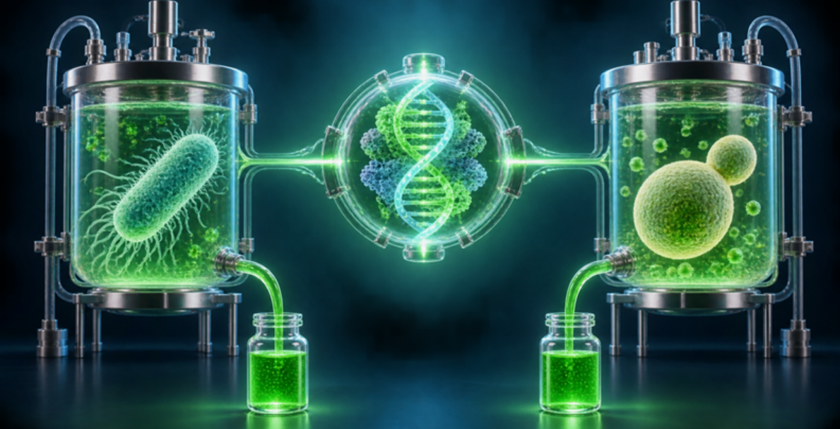 A conceptual illustration of a gene-regulatory device that functions simultaneously in E. coli, a bacterium, and yeast, a type of fungus (AI-generated image). [Provided by KAIST]