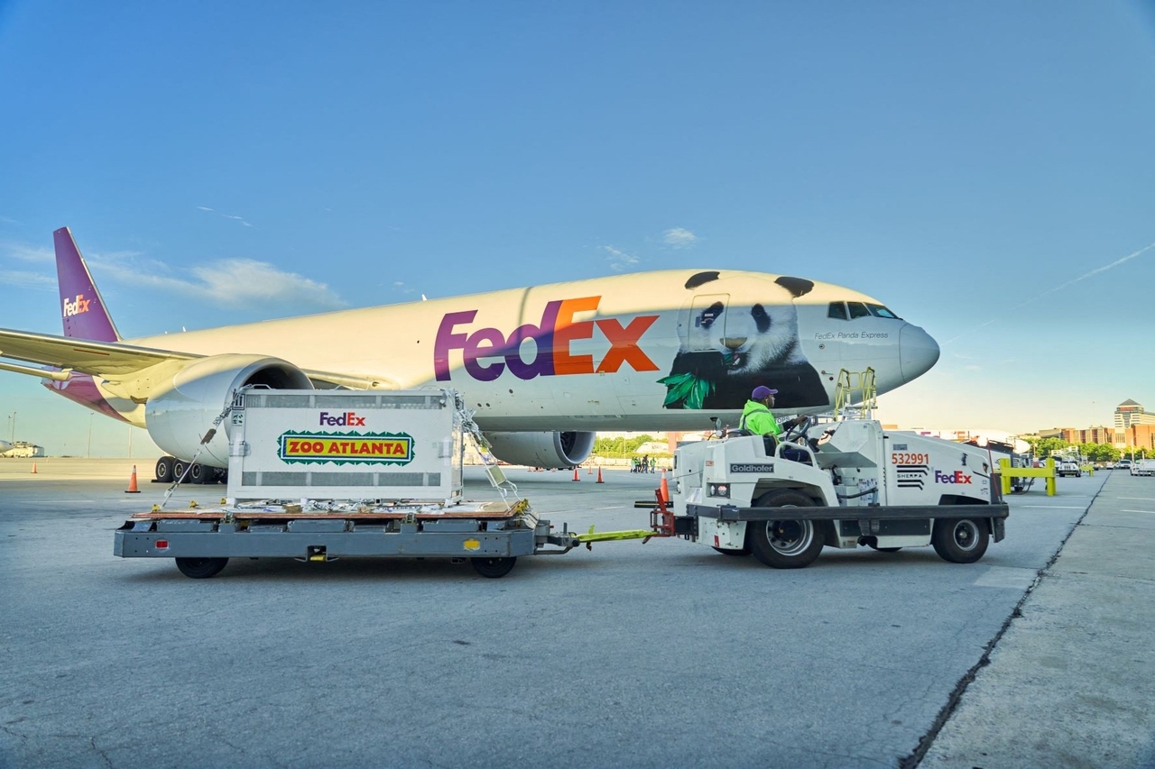 A FedEx aircraft carrying giant pandas Pingping and Fushuang arrives at Hartsfield-Jackson Atlanta International Airport in Atlanta, Georgia, on Sunday (local time). [AFP]