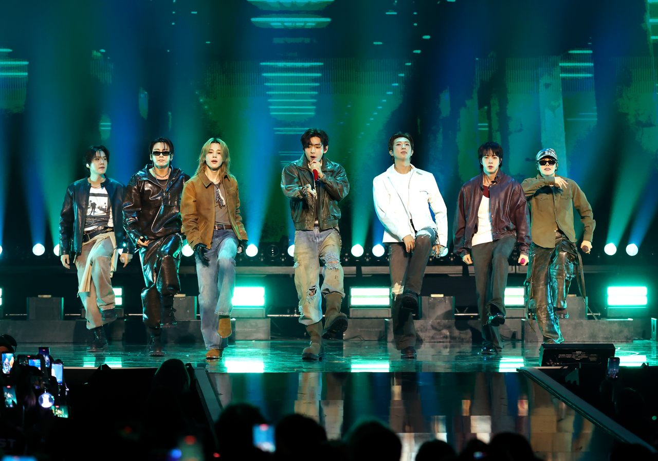 BTS performs onstage during the iHeartRadio Music Festival at T-Mobile Arena in Las Vegas on Friday. (Getty Images)
