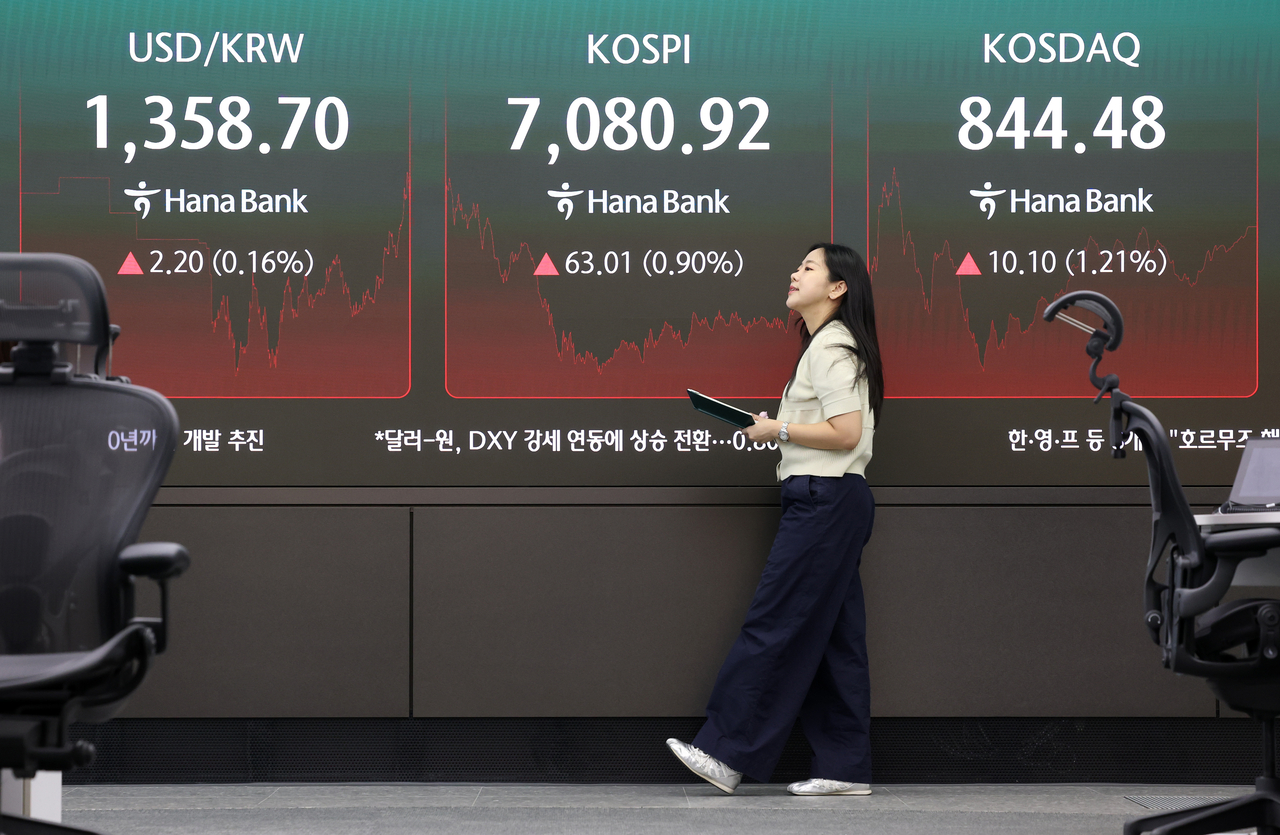 The Kospi and other indexes are displayed on a board at Hana Bank's dealing room in Seoul on Wednesday. The Kospi closed at 7,080.92 on Wednesday, up 63.01 points, or 0.90 percent, from Sunday. [Yonhap]