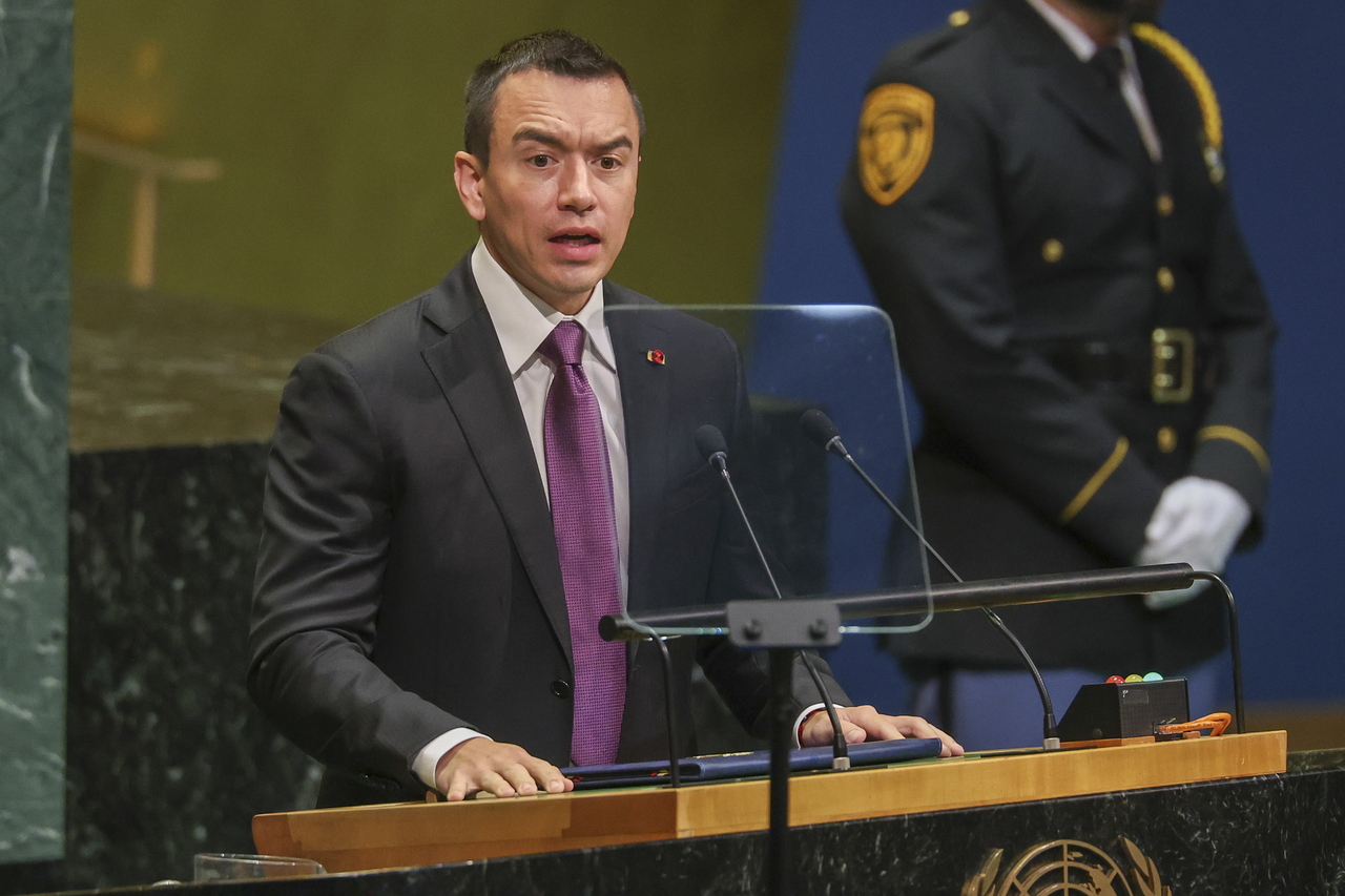 Ecuador’s President Daniel Noboa speaks during the 81st session of the United Nations General Assembly at United Nations headquarters in New York on Wednesday. (AP-Yonhap)