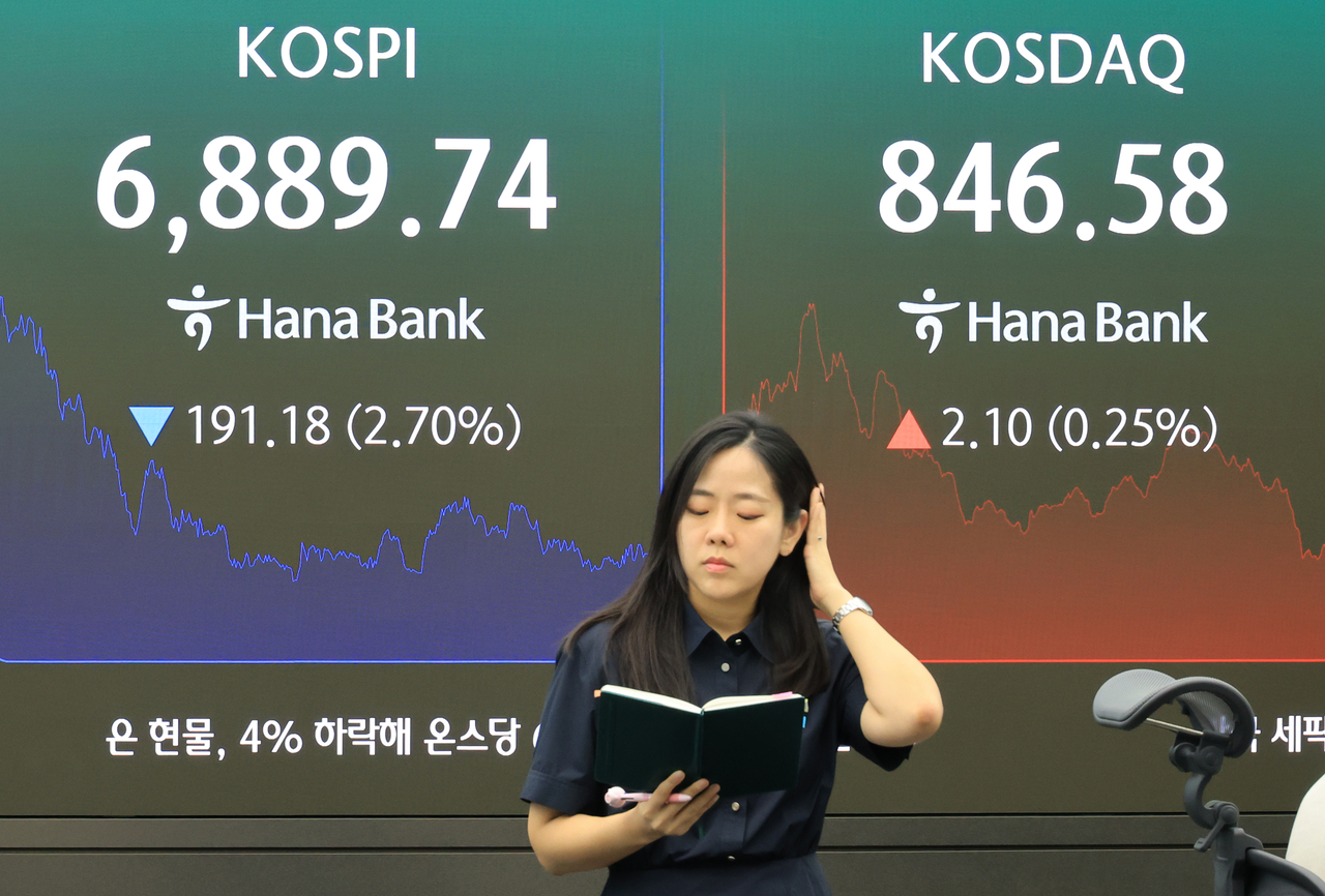 28일 서울 중구 하나은행 본점 딜링룸에 주가지수가 표시되고 있다. 이날 코스피는 191.18p(2.70%) 내린 6889.74로 장을 마쳤다. [연합]