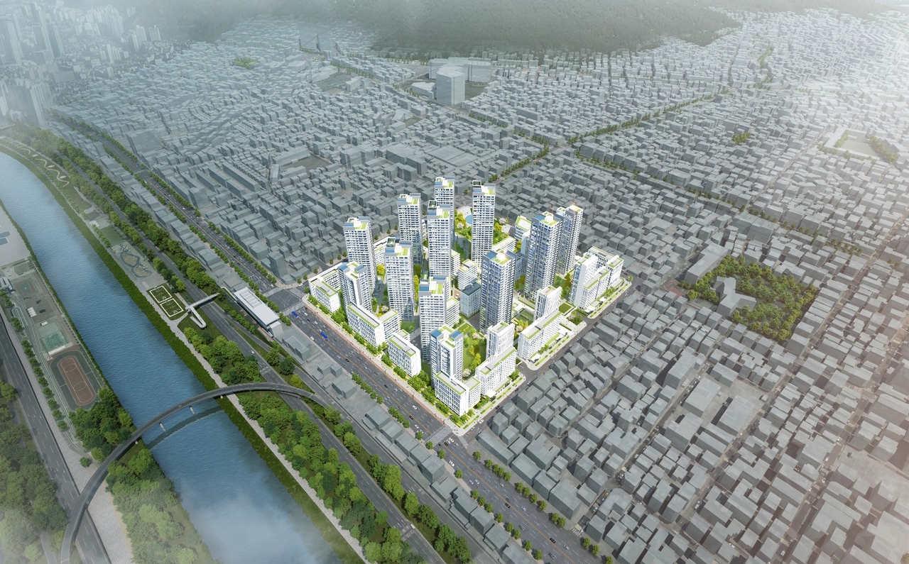 Aerial rendering of the redevelopment of the area around 254-15 Junggok 1-dong, Gwangjin-gu. [Seoul Metropolitan Government]