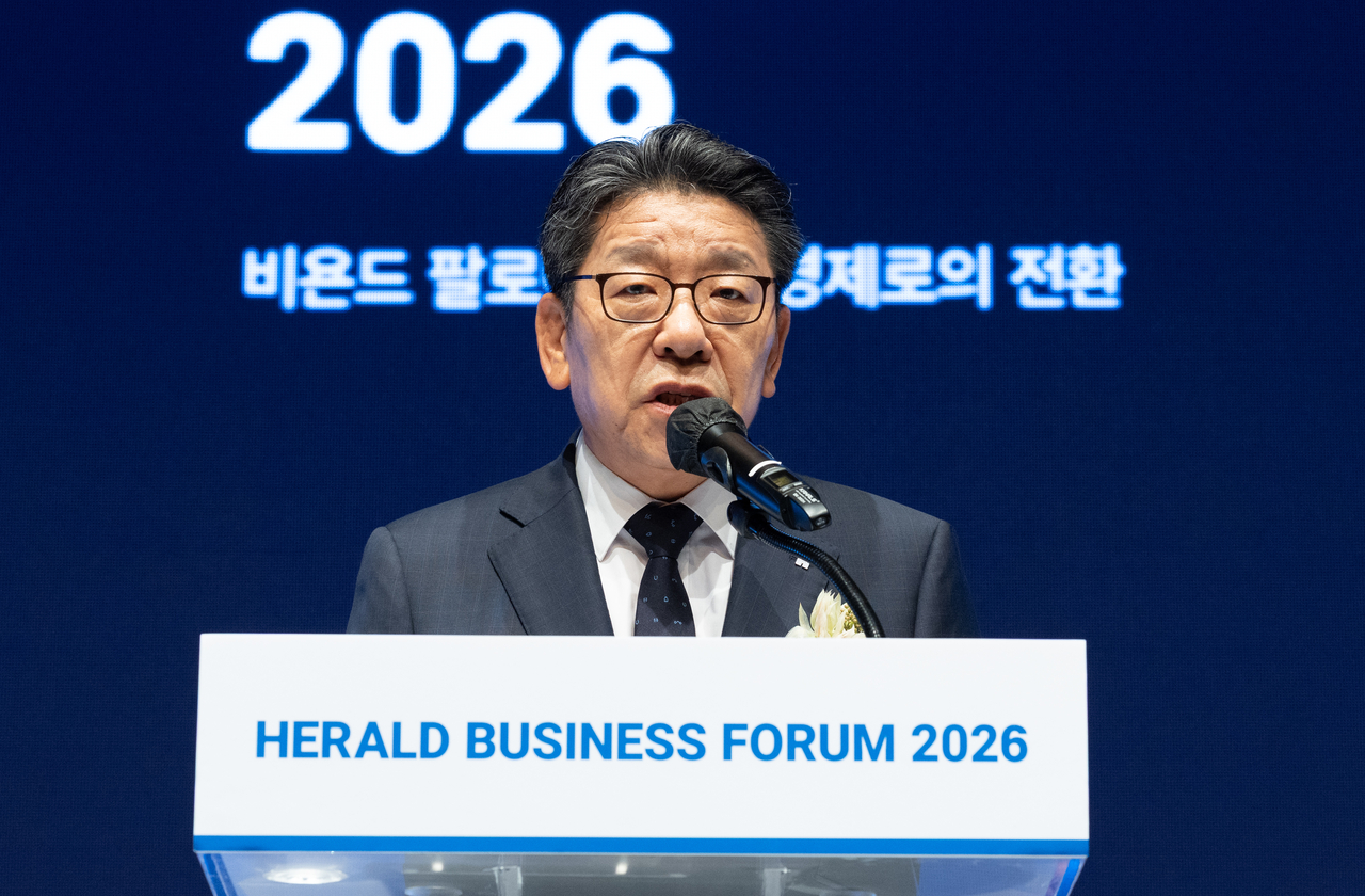최진영 헤럴드미디어그룹 발행인 겸 총괄 대표이사가 29일 오전 서울 중구 신라호텔 다이너스티홀에서 열린 헤럴드 기업포럼 2026에서 개회사를 하고 있다. 윤창빈 기자