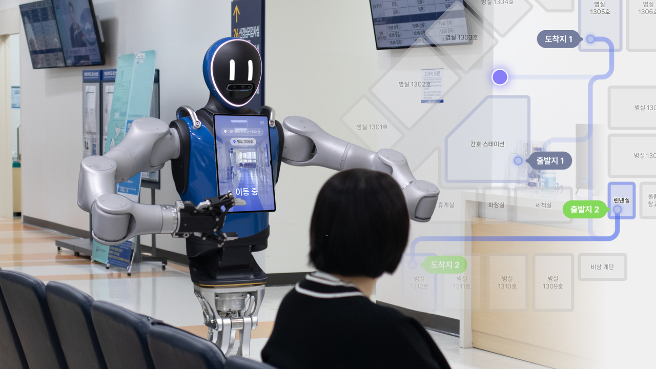 IDEA 디자인상 수상한 ETRI 의료 휴머노이드 로봇플랫폼 NAMI.I 실증 화면.[ETRI 제공]