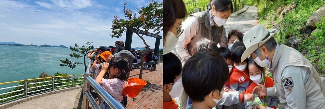 한려해상사무소 신달호 해설사의 ‘바다 위로 미소 짓는 고래, 야생 상괭이를 직접 만나는 기적’(사진 왼쪽), 지리산전북사무소 강신영 해설사의 ‘애벌레의 꿈’(사진 오른쪽) 프로그램 운영 모습[국립공원공단 제공]