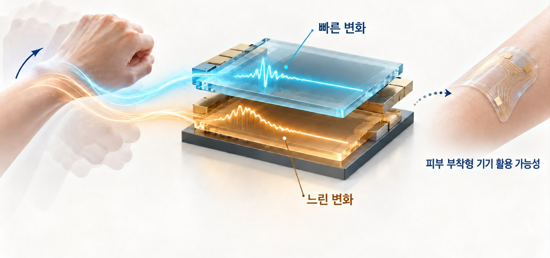 A concept illustration — generated by AI — showing the principle of stacking semiconductor devices with different response speeds to read changes over time, and the potential application in skin-attachable devices. [KAIST]
