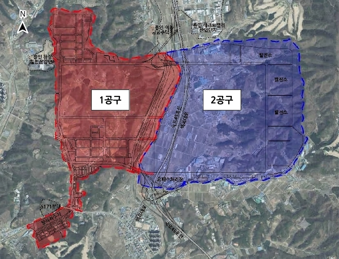 A map showing the locations of Zone 1 and Zone 2 of the Yongin semiconductor cluster national industrial complex construction project [Provided by Korea Land and Housing Corporation]