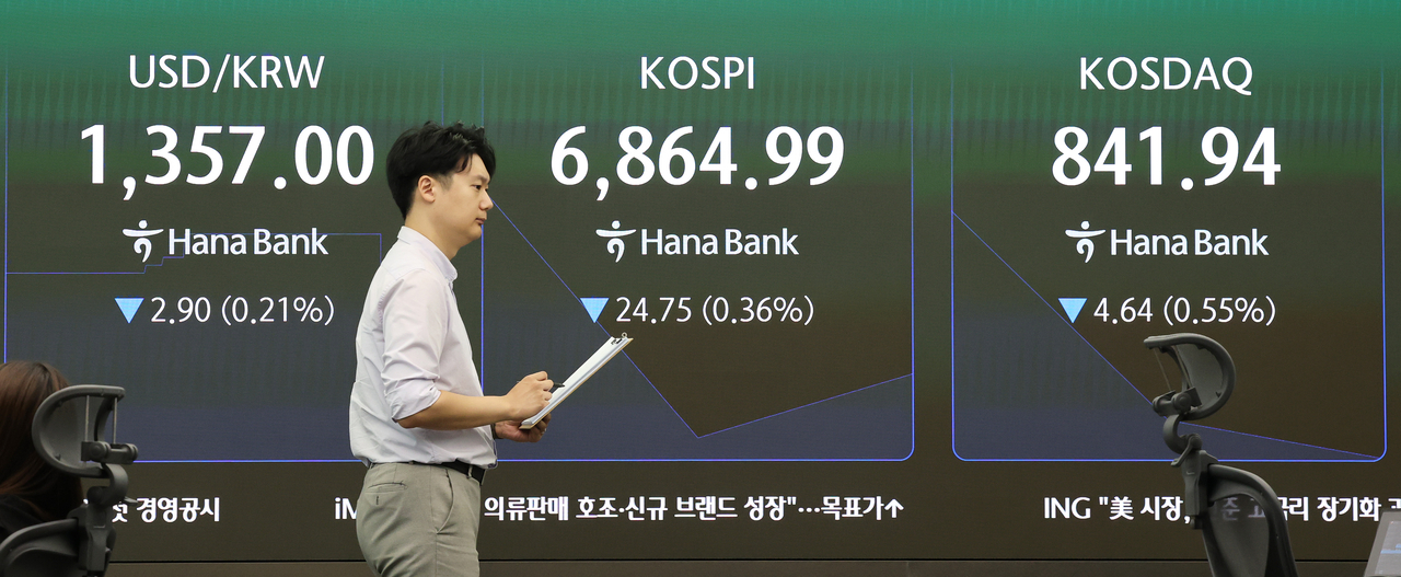 An electronic board showing the Korea Composite Stock Price Index at a dealing room of the Hana Bank headquarters in Seoul on Tuesday. (Yonhap)