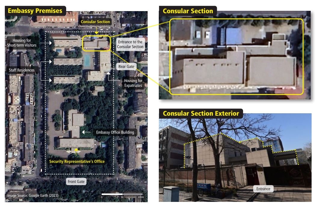 The main functions of buildings within the North Korean Embassy in Beijing, including the location identified as housing an underground detention facility, are shown in an issue brief titled “North Korea’s Transnational Repression: China,” released by the Transitional Justice Working Group. (TJWG)