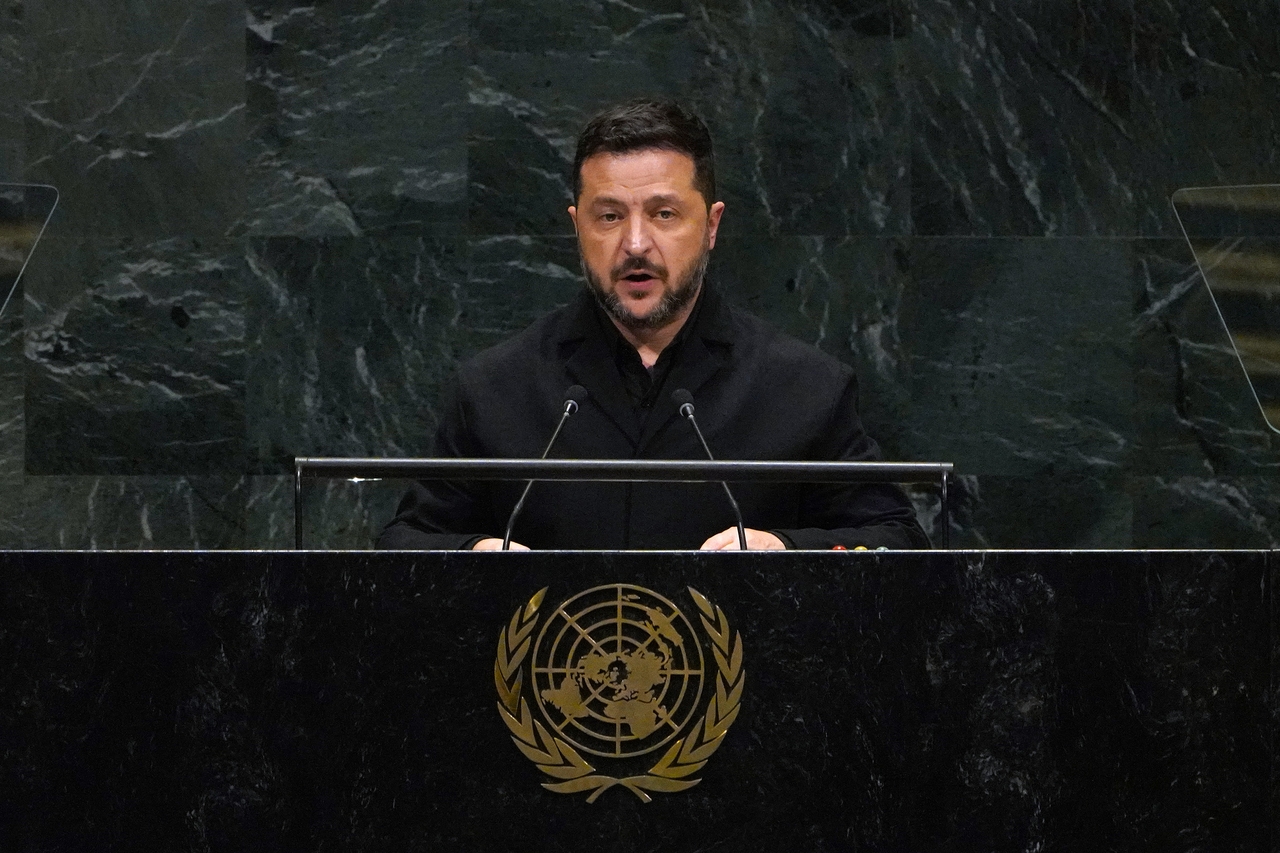 Ukrainian President Volodymyr Zelensky speaks during the General Debate of the 81th session of the United Nations General Assembly at the UN headquarters in New York, on Sept. 23, 2026. (Xinhu-Yonhap)