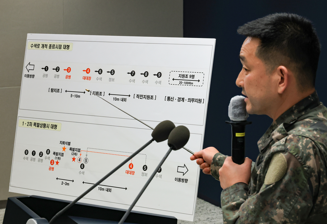 Army Maj. Gen. Yang Jin-hyuk (right), director of operations at the Joint Chiefs of Staff, explains terrain features and photographs related to the Sept. 21 DMZ mine explosions during a briefing at the Defense Ministry headquarters in Seoul on Monday. (Yonhap)