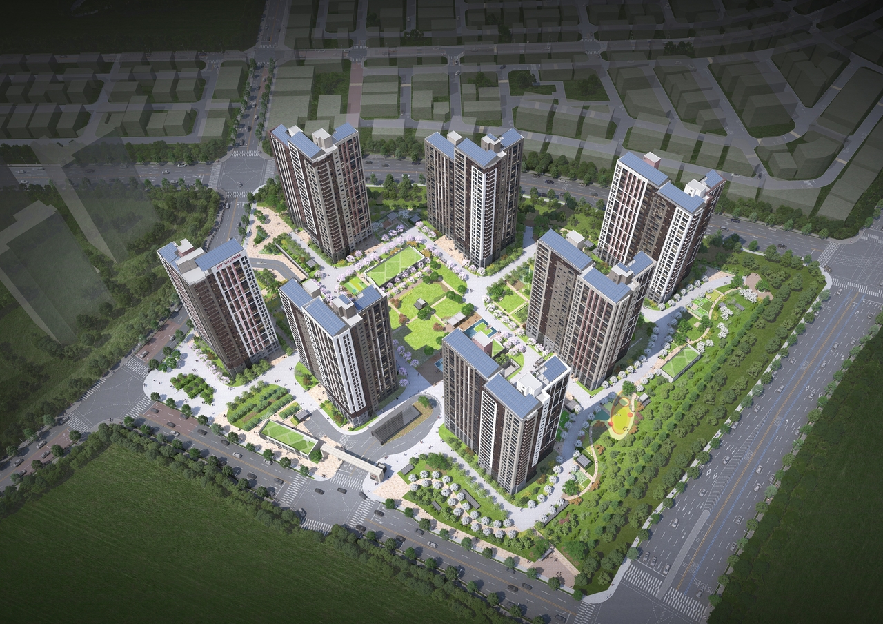 A rendering shows the planned Hillstate Godeok Ellist apartment complex in the A65 block of Godeok International New Town in Pyeongtaek, Gyeonggi Province. (Hyundai E&C)