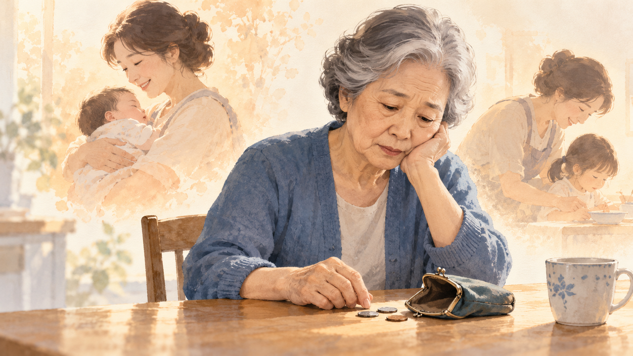 An illustration juxtaposing elderly women with scenes of child-rearing from the past. [Generated with AI]