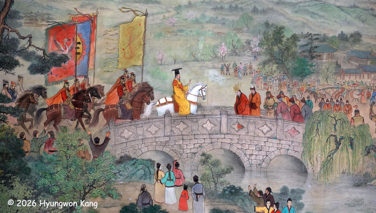 A painting depicts the submission of Silla in 935, when its last ruler, King Gyeongsun, transferred his kingdom to Goryeo. The image is displayed at the Tomb of King Wang Kon in Kaesong, North Korea. (Hyungwon Kang)