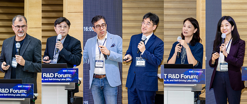 Experts from home and abroad present at the global forum. From left: Christoph J. Brabec, professor at Friedrich-Alexander-Universität Erlangen-Nürnberg; Han Sang-soo, professor at Seoul National University; Giovanni Pizzi, senior researcher at the Paul Scherrer Institute in Switzerland; Choi Woo-jin, senior researcher at the Korea Research Institute of Chemical Technology; Xu Yibin, senior researcher at the National Institute for Materials Science in Japan; and Xiaonan Wang, associate professor at Tsinghua University in China. [Korea Research Institute of Chemical Technology]