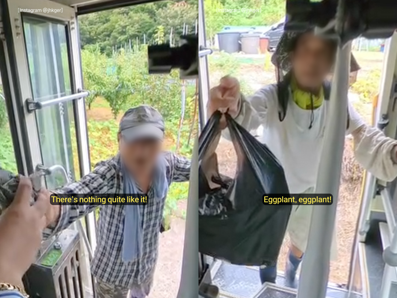 Screenshots of farmers handing over produce to the bus driver. (Jhkger on Instagram)