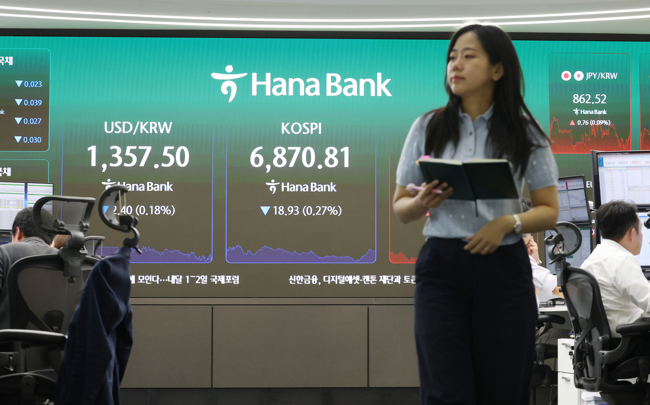 An electronic board showing the Korea Composite Stock Price Index at a dealing room of the Hana Bank headquarters in Seoul on Wednesday. (Yonhap)