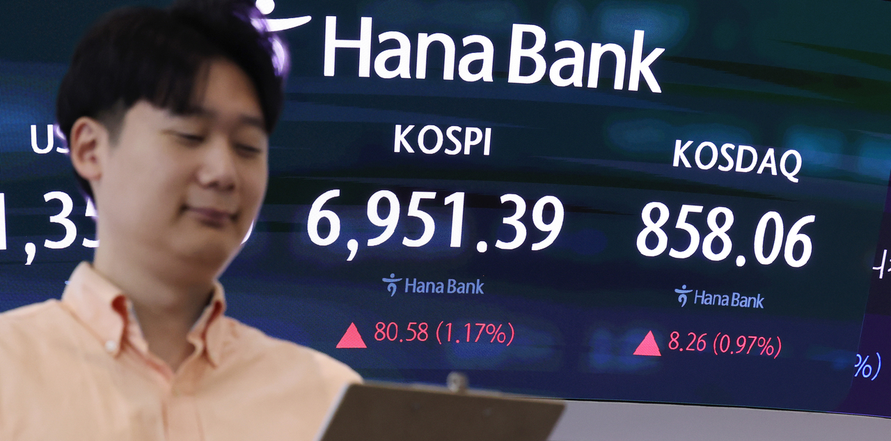 코스피가 상승세로 출발한 30일 서울 중구 하나은행 본점 딜링룸 전광판에 실시간 코스피와 코스닥 지수가 표시되고 있다. 이날 코스피 지수는 72.66포인트(1.06%) 오른 6943.47로 코스닥은 4.98포인트(0.59%) 오른 854.78로 출발했다. [연합]