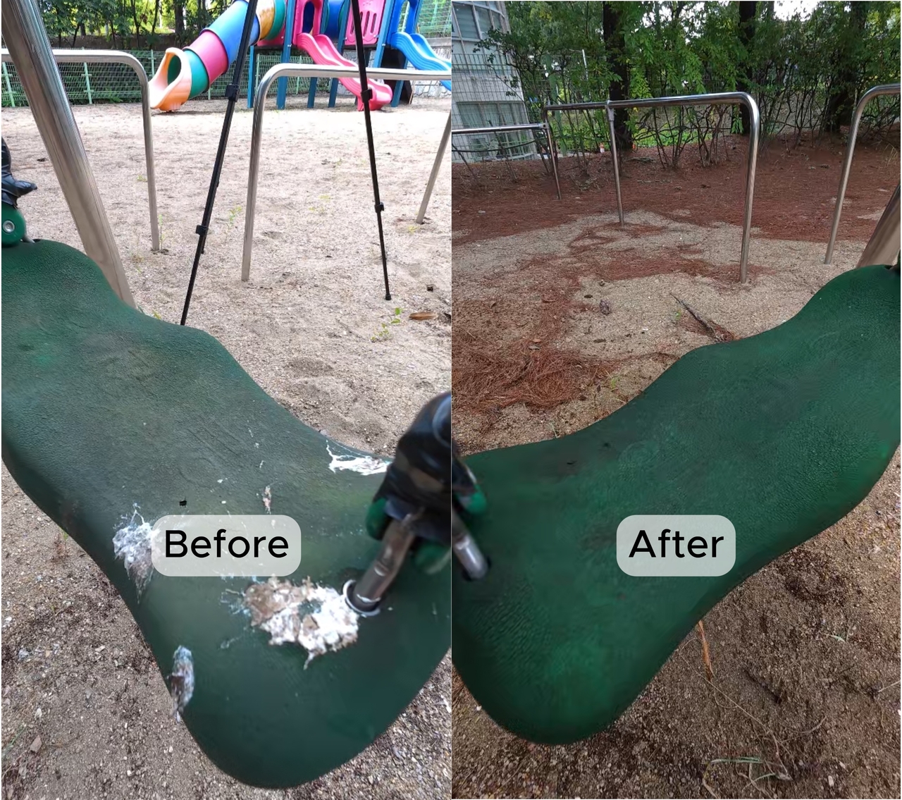 A before-and-after picture after of an apartment playground Cho cleaned (Cho Hee-jae)