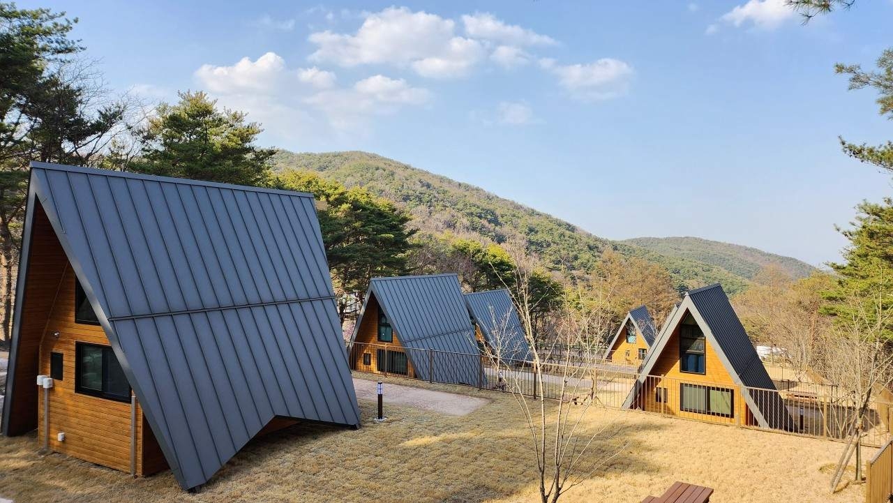 Haneulchae is a two-story, A-frame house with a three-person ondol room downstairs and an attic loft above at Gayasan National Park Nature Center. (Korea National Park Service)