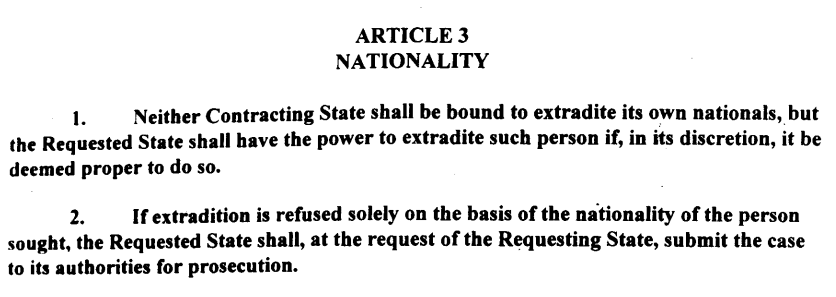 Article 3 of the US-South Korea Extradition Treaty, which sets out rules governing the extradition of each country's own nationals (US Department of State)