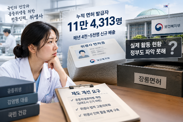 Despite the issuance of 114,313 national sanitarian licenses to date, the government has no reliable grasp of how many license holders are actually working in the field. The Korea Sanitarians Association is calling for a legal basis for workforce surveys and mandatory employment requirements. [AI-generated image]