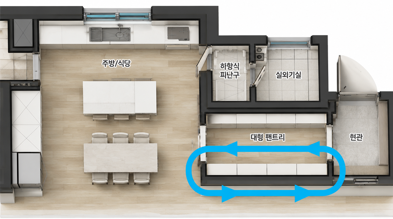 A floor plan for the Hanwha Forena 84-square-meter unit featuring an open-face wide kitchen and circular pantry. [Hanwha Construction Division]
