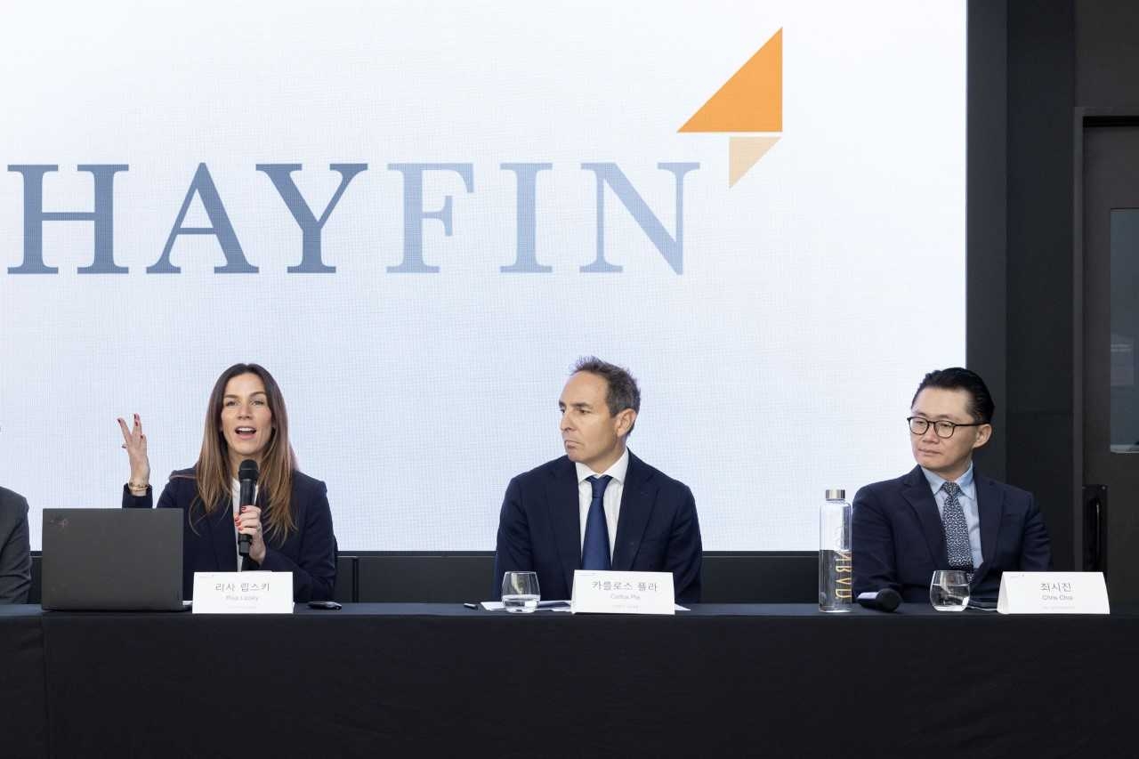 From left: Risa Lipsky, global co-head of client coverage at Hayfin, Carlos Pla, head of portfolio management, and Chris Choi, head of the Seoul office, speak at a press conference at a hotel in Yeouido, western Seoul, Thursday. (Hayfin)